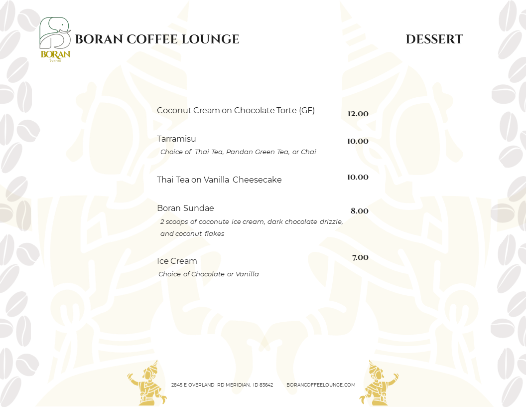 Dessert Menu for Boran Coffee shop in Meridian Idaho